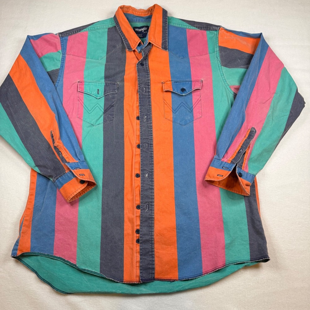 Wrangler Mens Western Button Down Shirt Multi Color Stripe Regular Fit 17.5 x 35